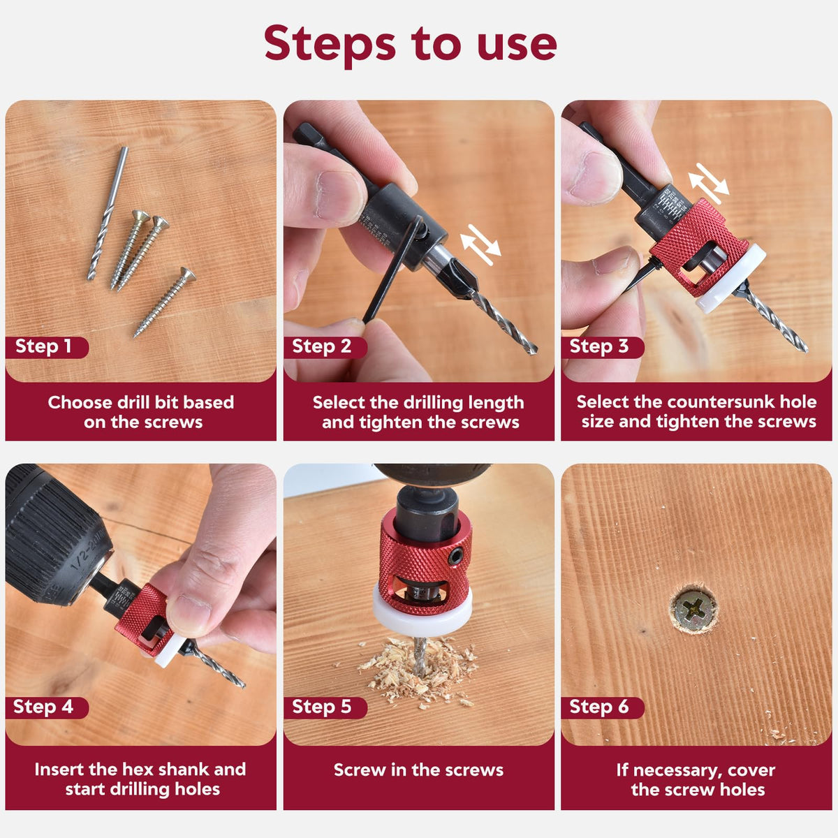 7 Pcs Countersink Drill Bit Set - 5‑Pcs Replaceable 2-Flute TCT Tapered Drill Bits with Low‑Friction Adjustable Depth Stop, 1/4” Hex Shank for Woodworking Tools & Hand Tools