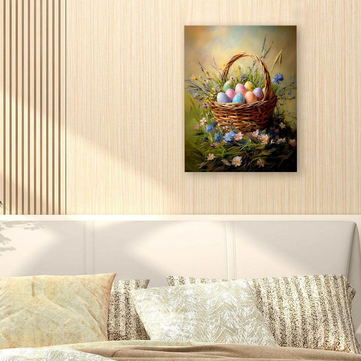 Easter Eggs Basket Spring Wall Decor Framed Canvas Wall Art, Vintage Wildflower Landscape Decor, Easter Bunny Eggs