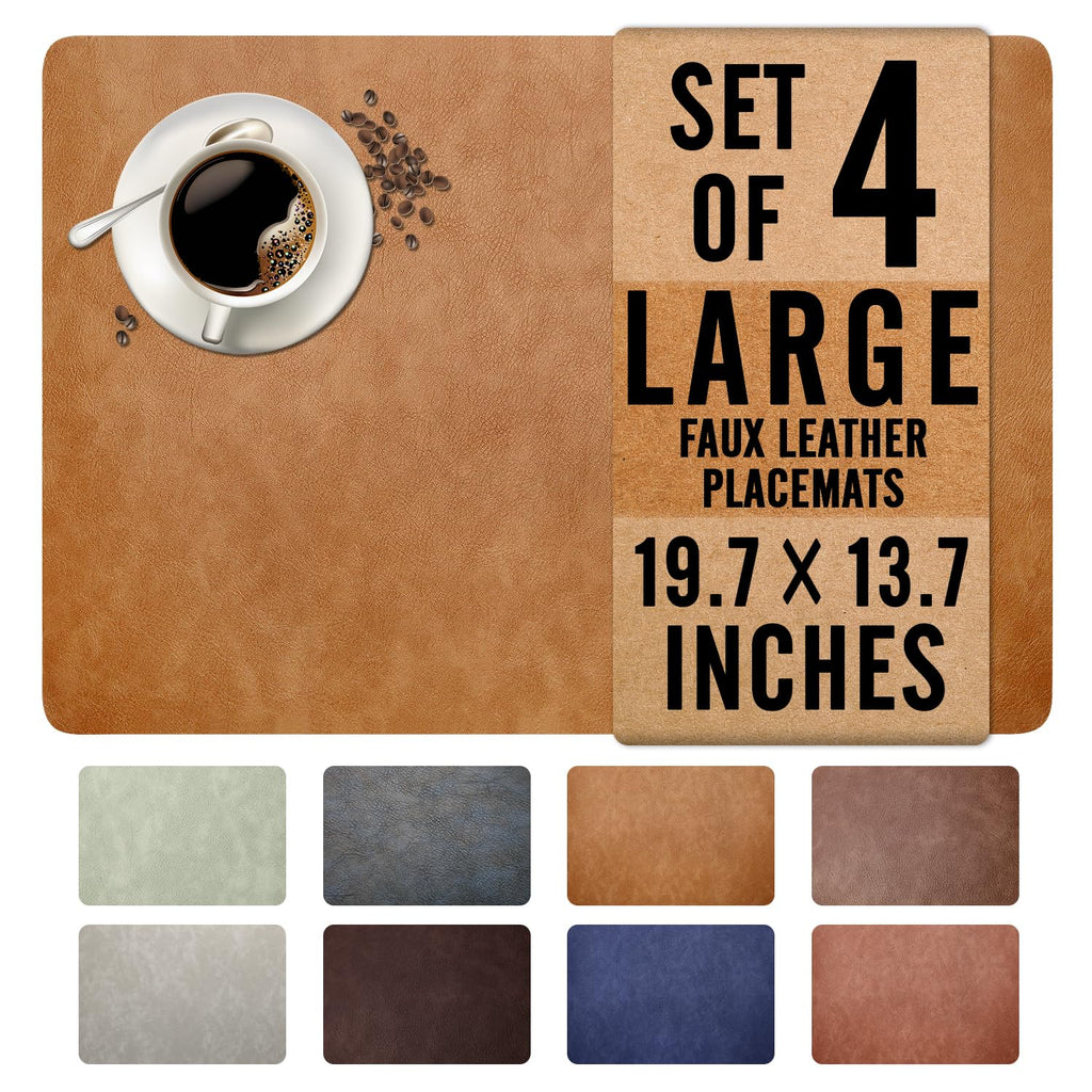 Washed Cowhide Pattern Faux Leather Big Size Placemats Set of 4, Waterproof Easy to Clean Anti-Slip PU Table Mats for