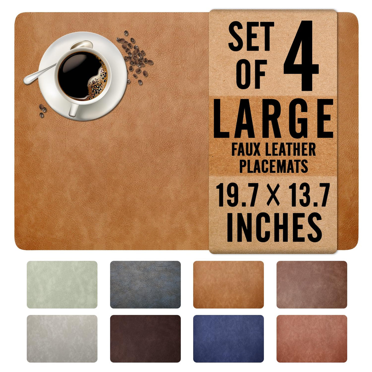 Washed Cowhide Pattern Faux Leather Big Size Placemats Set of 4, Waterproof Easy to Clean Anti-Slip PU Table Mats for