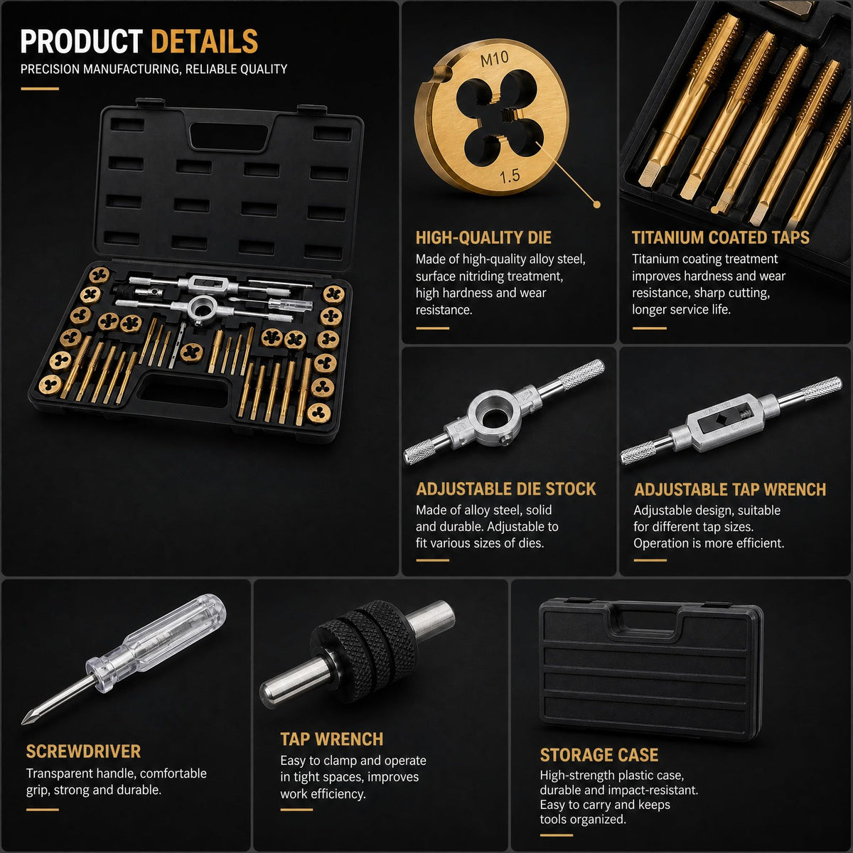 40-Piece Tap and Die Set with Carrying Case, Titanium Coated