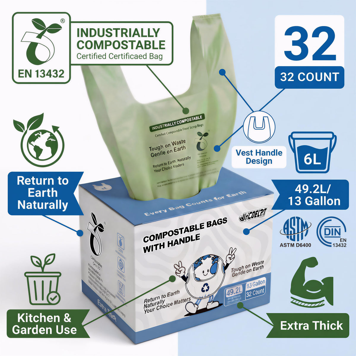 Compostable Trash Bags 13 Gallon, 32 Count, 49.2 Liter