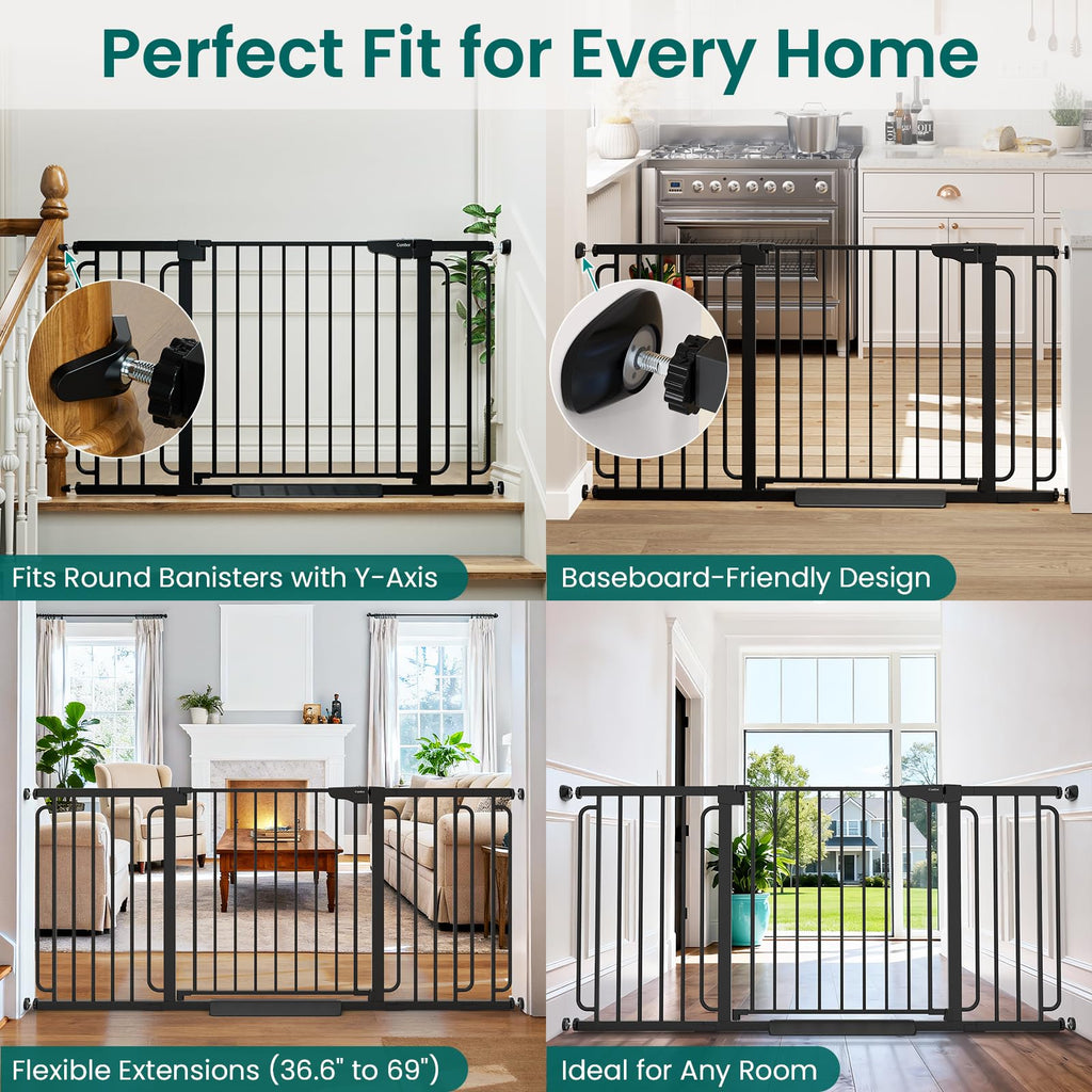 36.6-69" Extra-Wide Adjustable Hardware/Pressure-Mounted Pet & Child Safety Gate with Dual-Lock Walk-Through Swing Door for Stairs, Hallways & Wide Doorways — Black