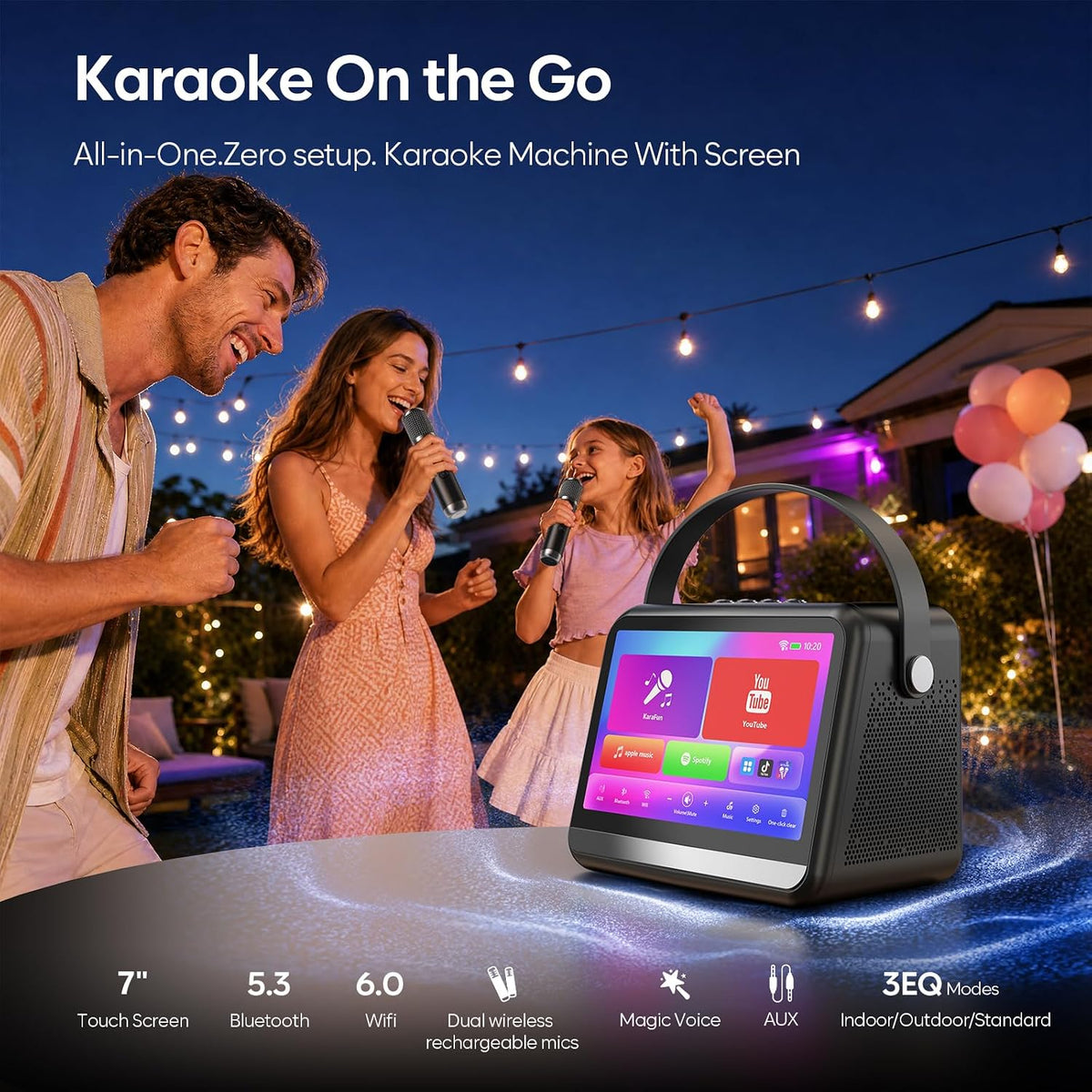 Karaoke Machine with Lyrics Display, Portable Bluetooth Speaker with 7 inch HD Touch Screen, WiFi Karaoke Player with