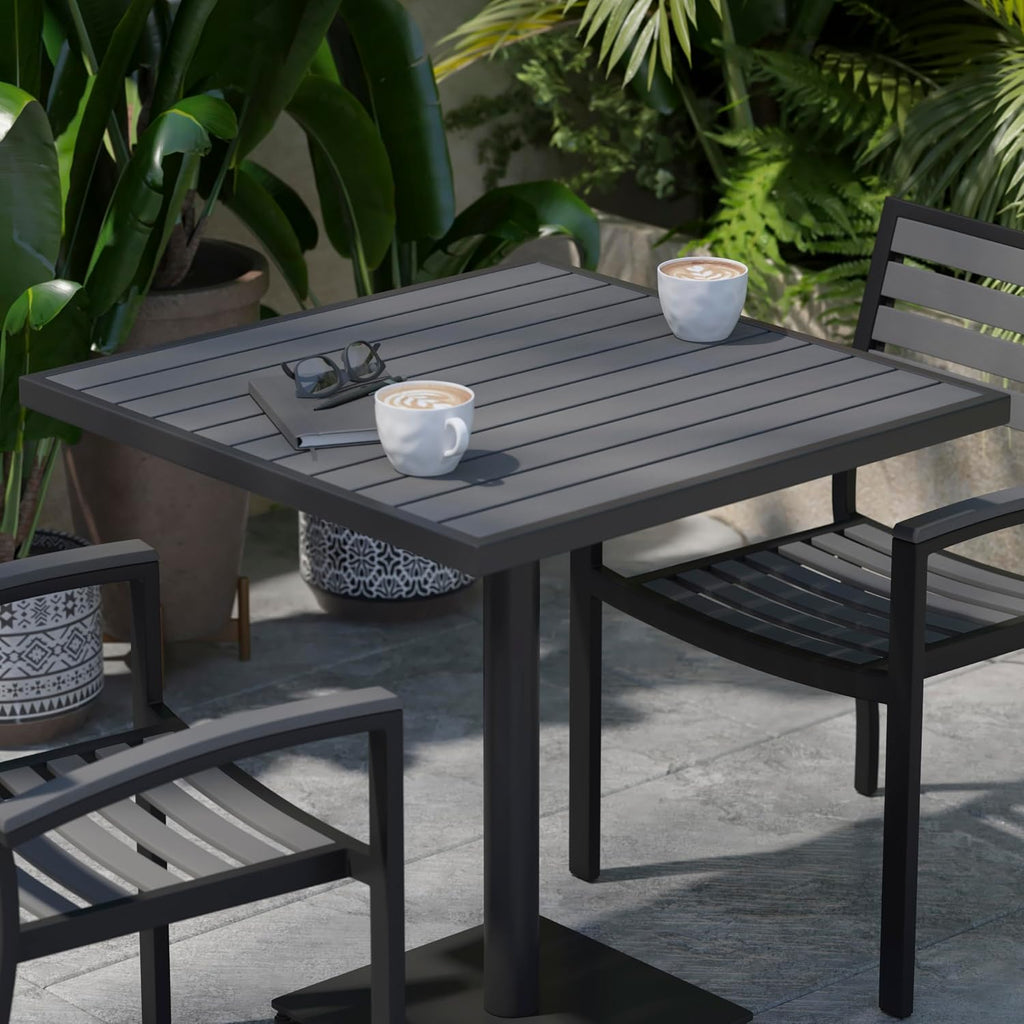 Commercial Outdoor Patio Bistro Dining Table - Faux Gray Wash Teak Poly Slats - 30" Square