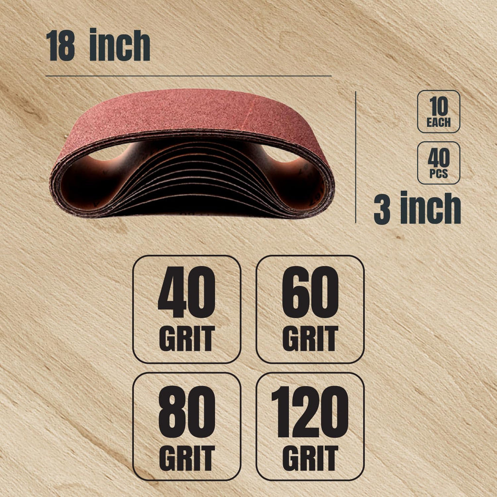 POWERTEC 3 x 18 Inch Sanding Belts, 10 Each of 40/60/80/120 Grits, 40PK, Aluminum Oxide Belt Sander Sanding Belt Assortment for Portable Belt Sander, Wood & Paint Sanding, Metal Polishing (110802-P2)