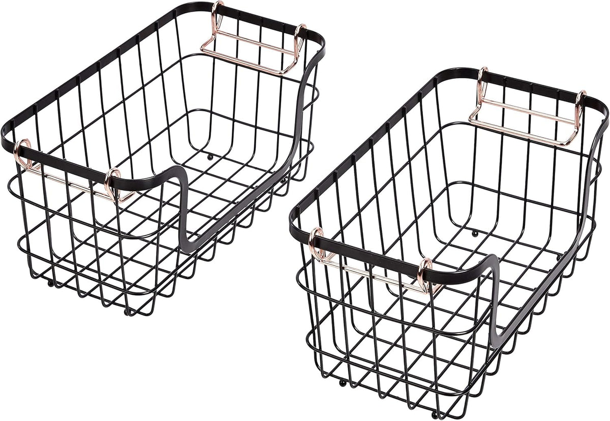 Stackable Metal Wire Rectangular Storage Baskets for Kitchen, Bathroom or Pantry Organizing, 2 Count, Black