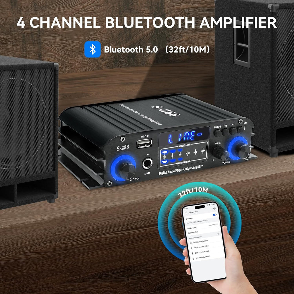 4 Channel Stereo Receivers Audio Home Amplifier Bluetooth 5.0, RMS 50Wx4 Max 1200W HiFi Power Amplifier, USB/SD/FM