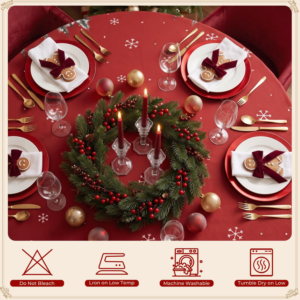 Christmas Table Cloth Round 70 Inch Winter Snowman Trees Red