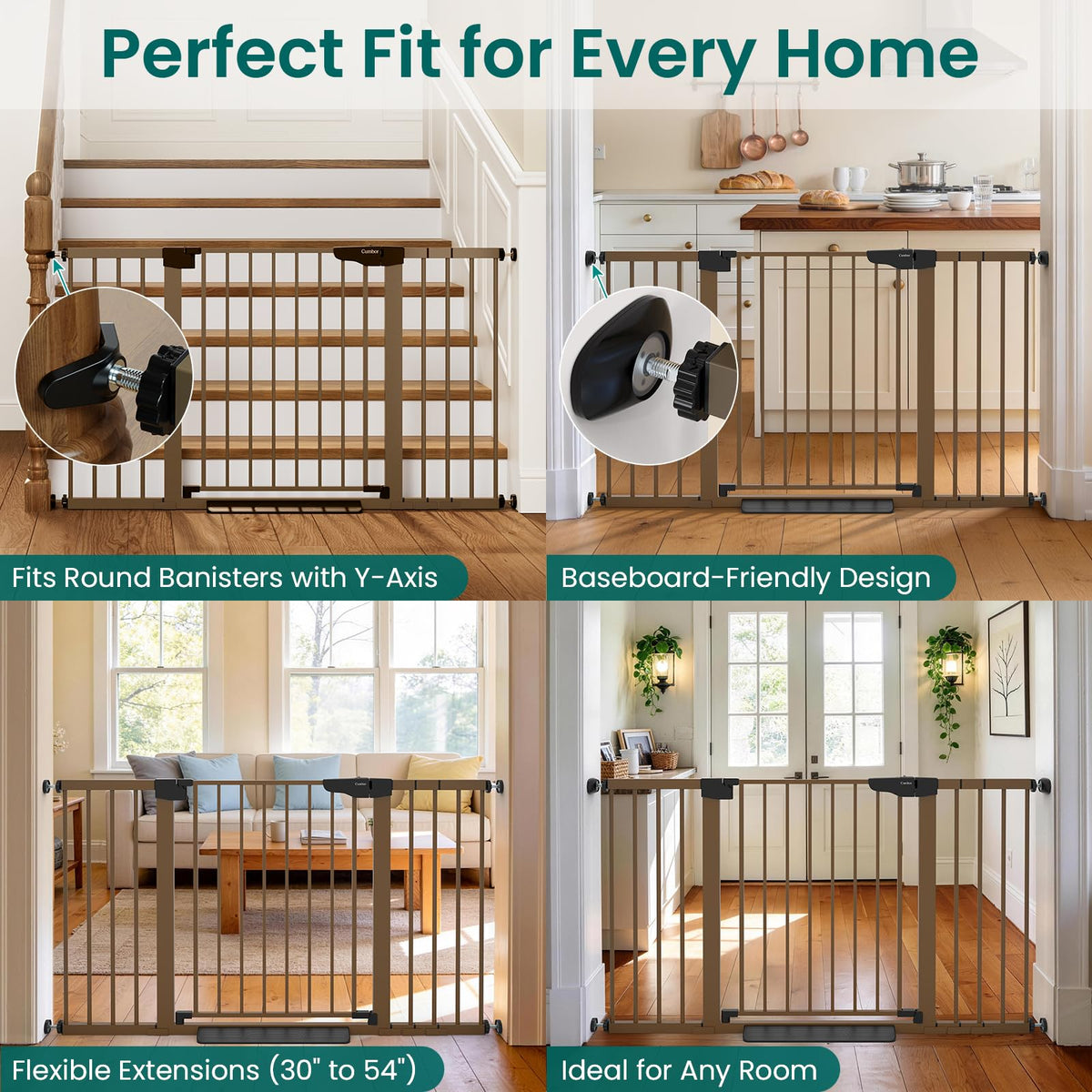30-54" Extra-Wide Adjustable Hardware/Pressure-Mounted Pet & Child Safety Gate with Auto-Close Walk-Through Door for Stairs, Hallways & Wide Doorways — Brown