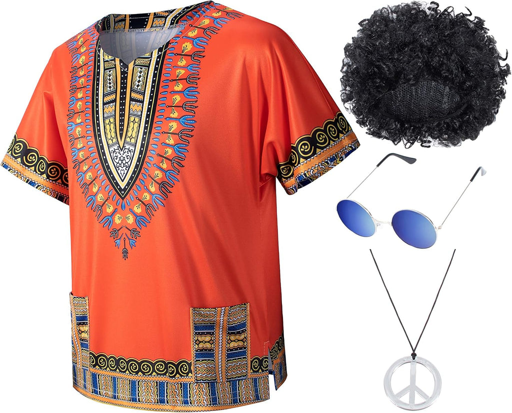 Kids Hippie Costume for Boys Girls 60s 70s 4 Pcs T-Shirt Afro Wig Set