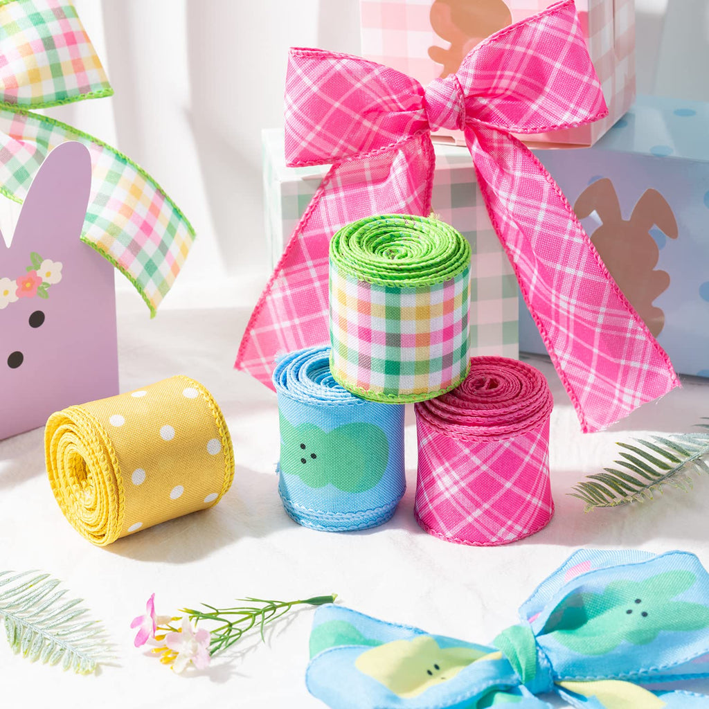 4PCS Easter Spring Pastel Wired Ribbon Rolls, Easter Bunny Wired Edge Ribbons, Decorative Wrapping Ribbon for Gift