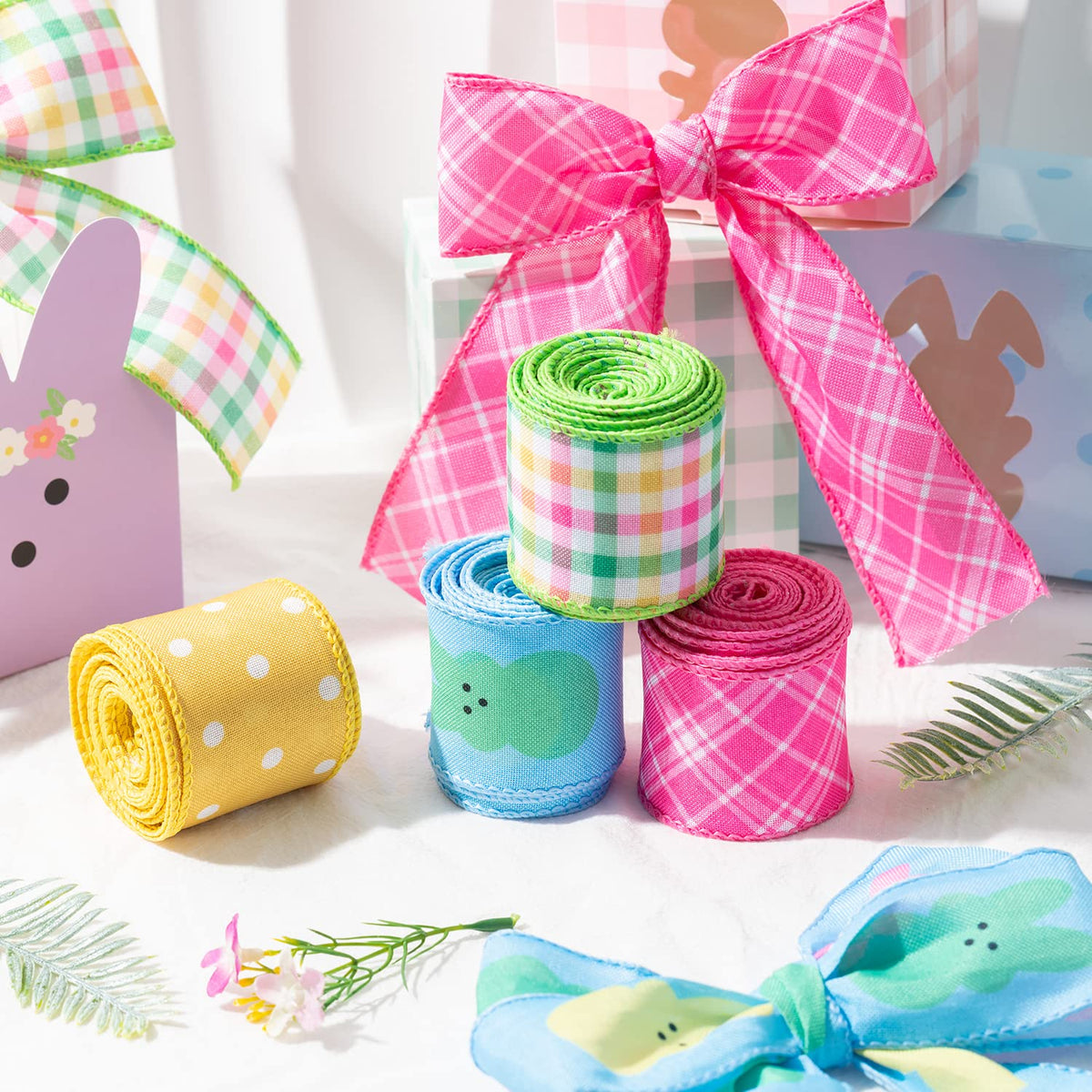4PCS Easter Spring Pastel Wired Ribbon Rolls, Easter Bunny Wired Edge Ribbons, Decorative Wrapping Ribbon for Gift