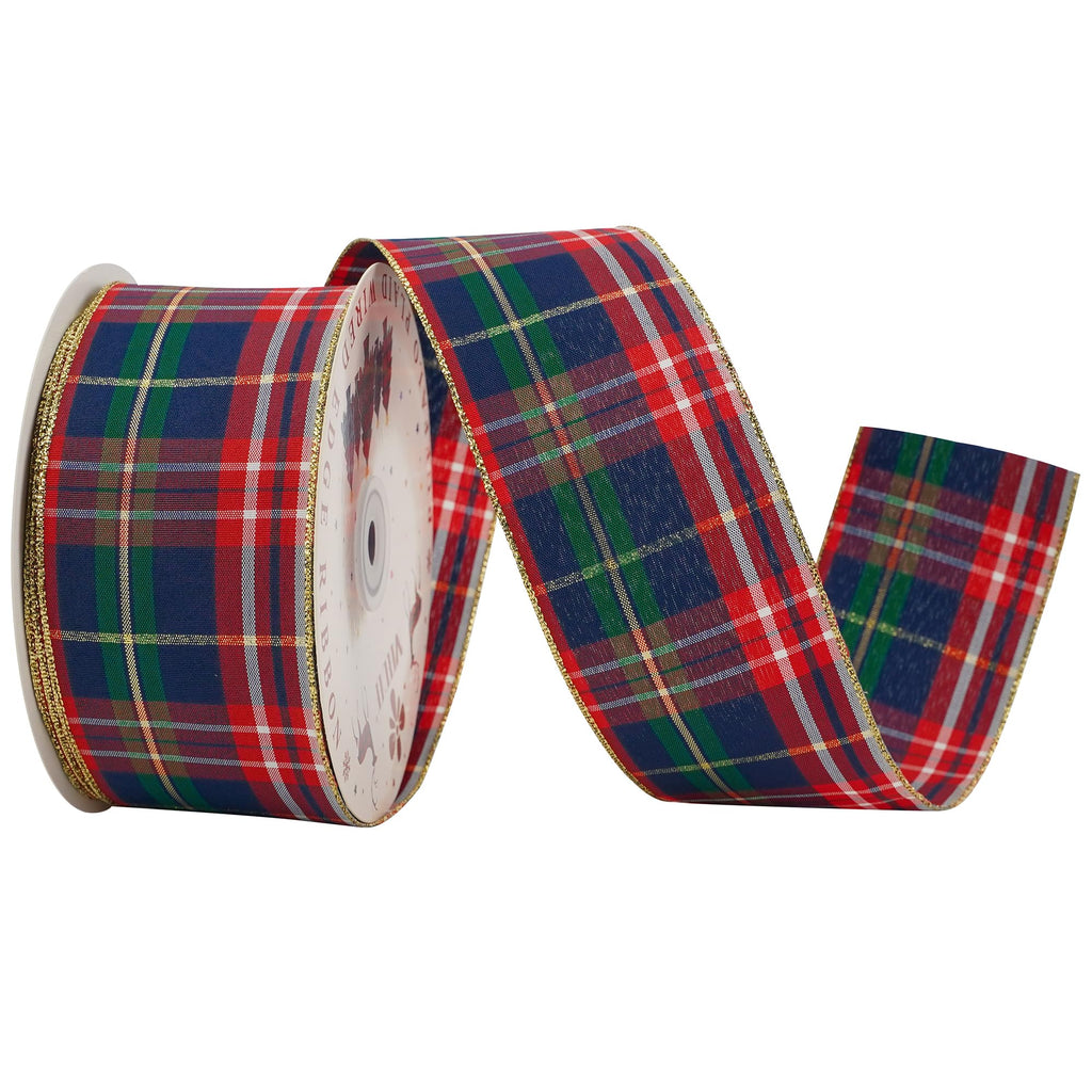 Tartan Plaid Wired Ribbon 2-1/2" Wide with 25 Yards Red Crimson & Navy Blue Scottish Plaid with Metallic Threads