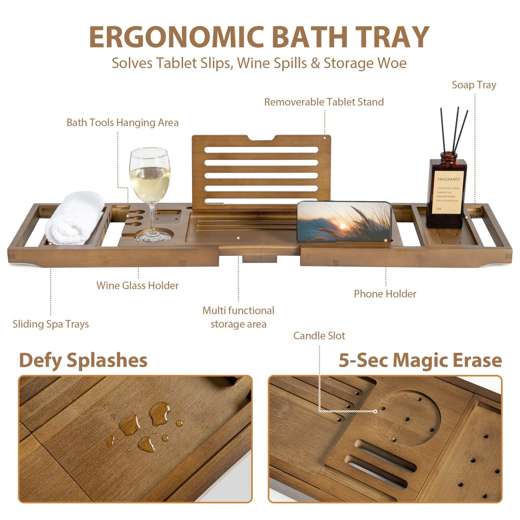 Bamboo Bathtub Tray Caddy, Adjustable Walnut Finish 28.5‑40"
