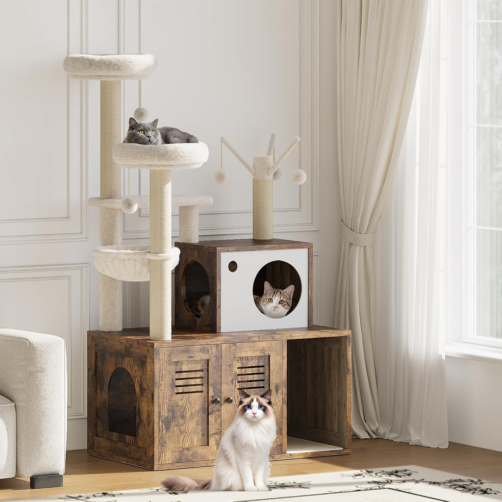 Hidden Cat Litter Box Enclosure with Tree Tower and Condo - 55 Inch Multi-Level Cat Condo with Soft Plush