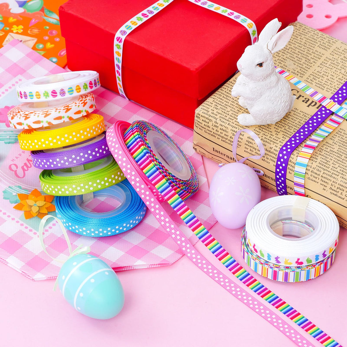 10 Rolls Easter Grosgrain Ribbon, 100 Yards 3/8 inch Easter Spring Bunny Eggs Carrot Stripe Rainbow Polka Dot Rabbit