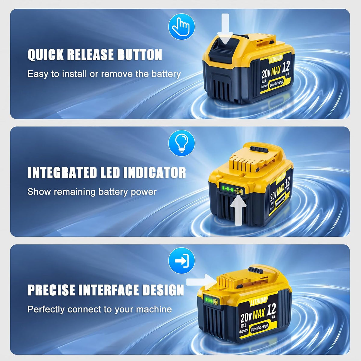 WWX 2 Pack 12000mAh Replacement Compatible for Dewalt 20V Max Battery with High - Capacity Battery Cordless Power Tools 20 Volt Battery DCB200, DCB201, DCB204, DCB205, DCB206, DCB207