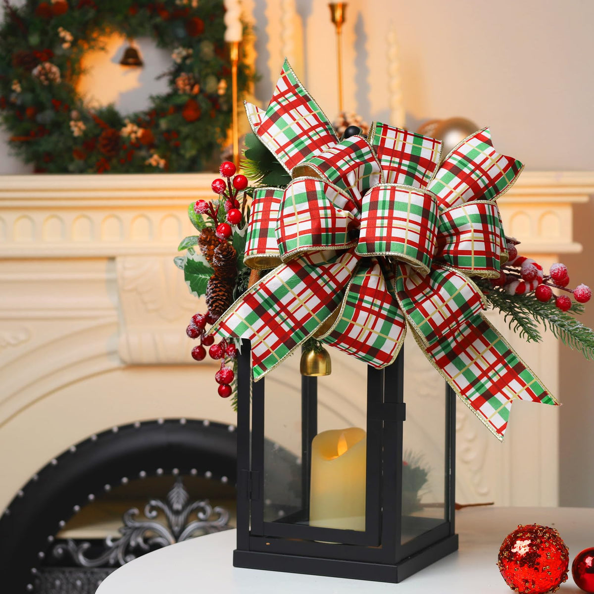 Red Green Plaid Wired Christmas Ribbon, Gold Metallic Back