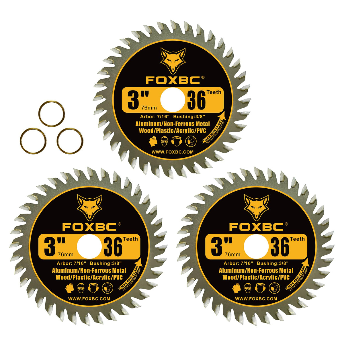 FOXBC 3 Inch Carbide Circular Saw Blade 36 Tooth for Wood, Plastic, PVC, Acrylic, Aluminum with 7/16" Arbor, 3/8" Bushing - 3 Pack