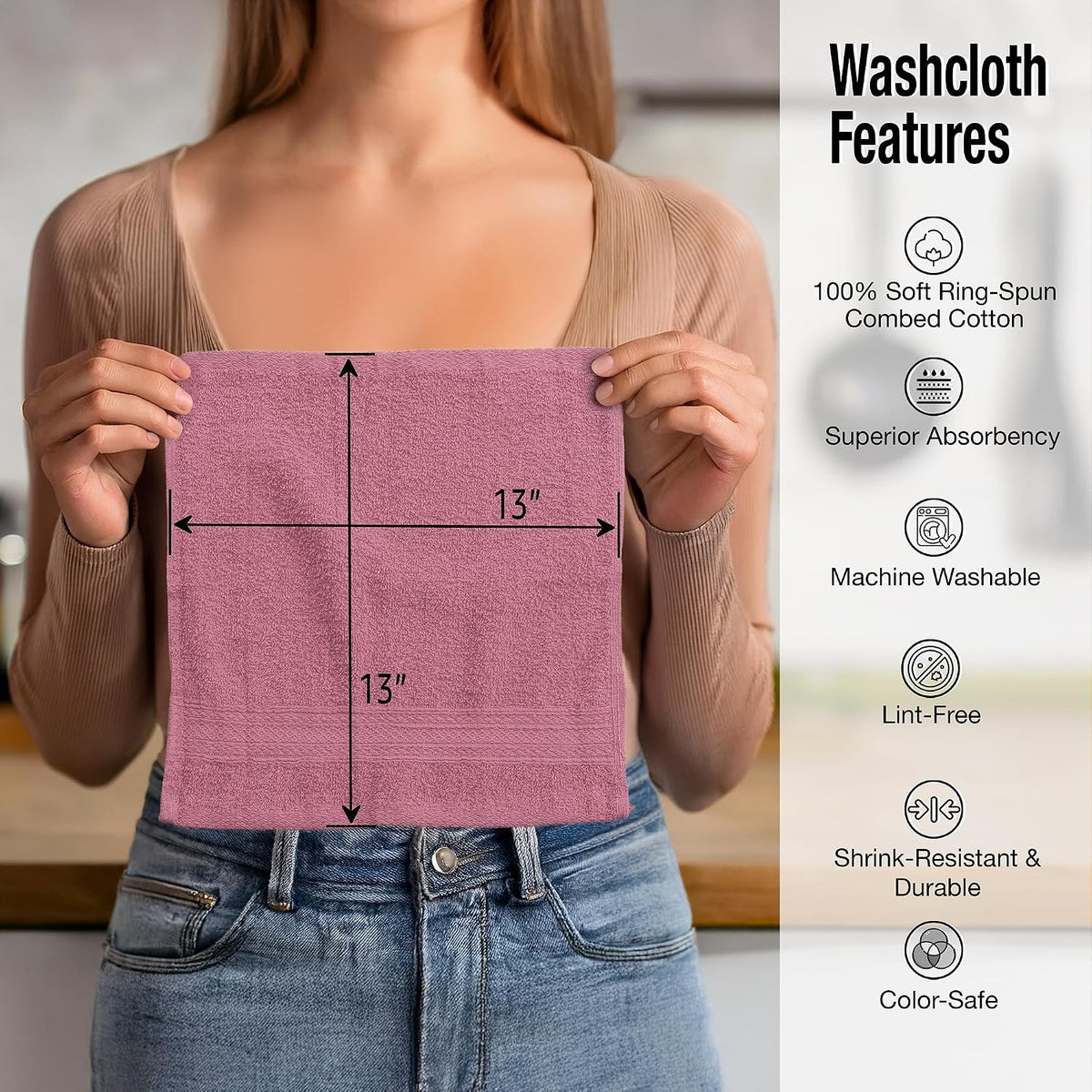 Extra Soft Wash Cloths, 13"x13" Wash Rags, Washcloths 12 Pack | 100% Ring Spun Cotton Washcloths, Machine Washable