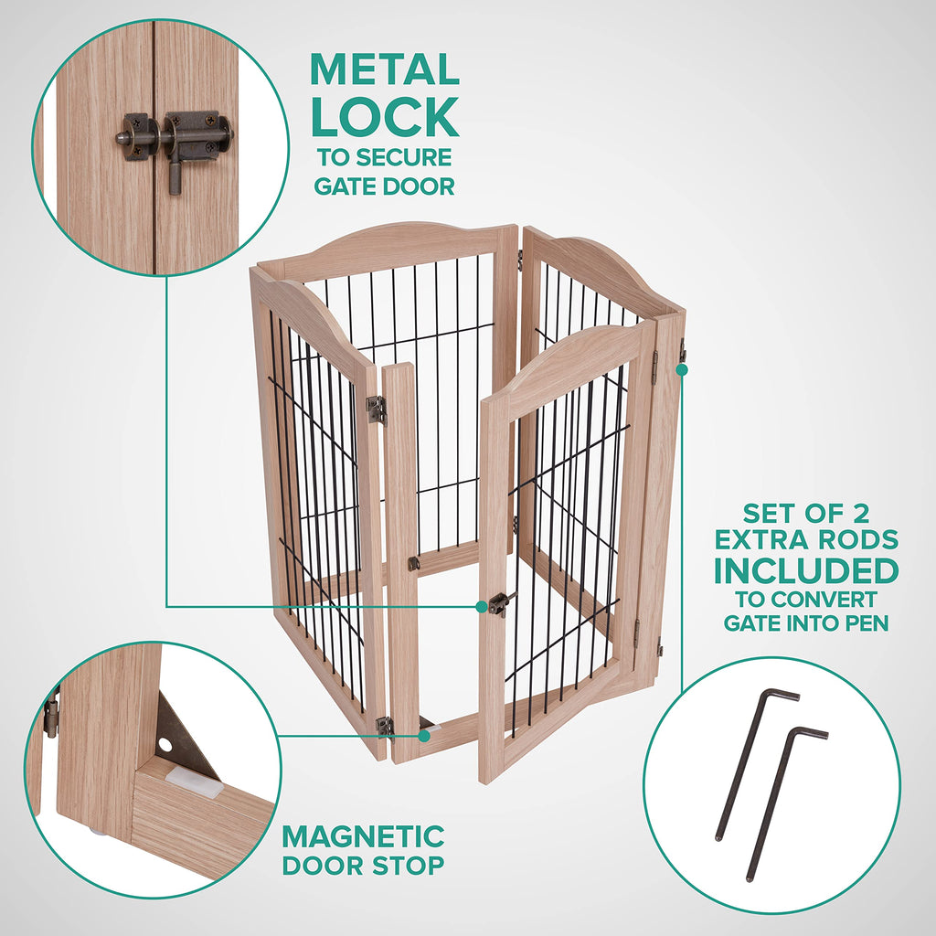 80" Wide x 31.5" Tall 4-Panel Freestanding Solid Wood 360° Configurable Pet & Dog Barrier Gate with Walk-Through Swing Door for Wide Indoor Openings, Hallways & Stairs