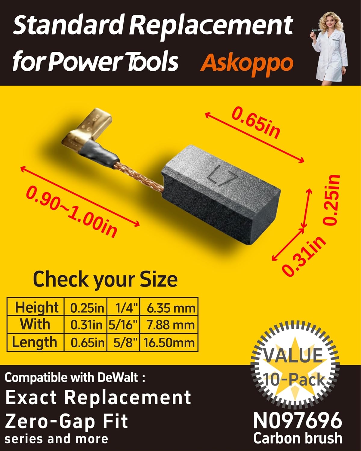 N097696 (10-Pack) Carbon Brushes, Carbones para DeWALT DWE4120 DWE4011 DWE4012 DWE4100 Angle Grinder Replacement - Askoppo