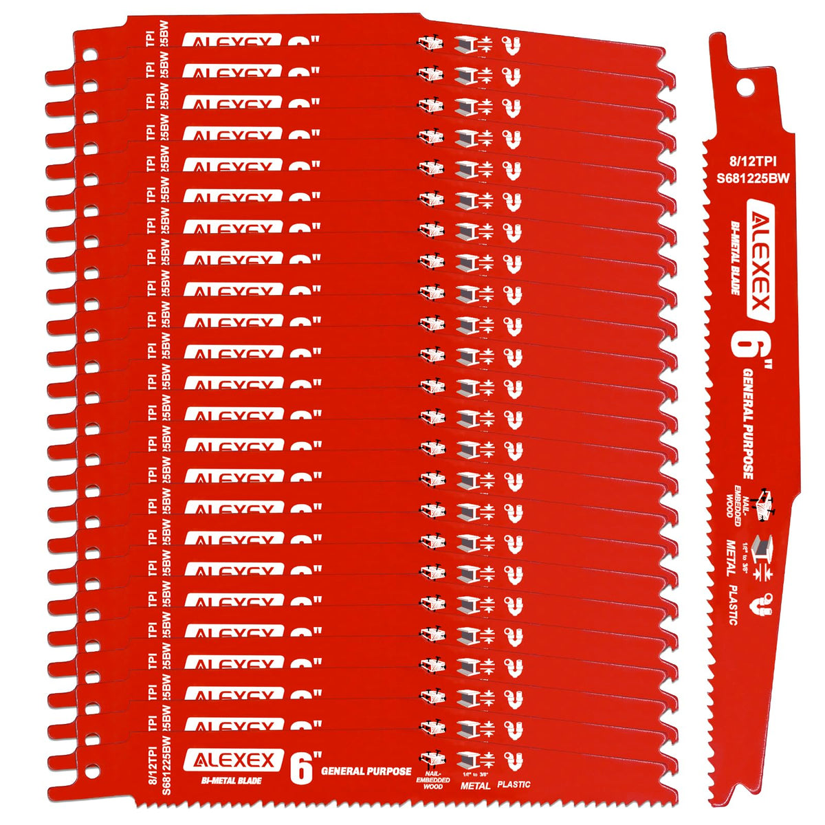 25 Pack 6Inch 8/12 TPI Reciprocating Saw Blades for Nail-Embedded Wood Demolition, Bi-Metal Blades for General Purpose Cuts, Wood Cutting, Metal and PVC Pallets, Compatible with Diablo Sawzall Blades