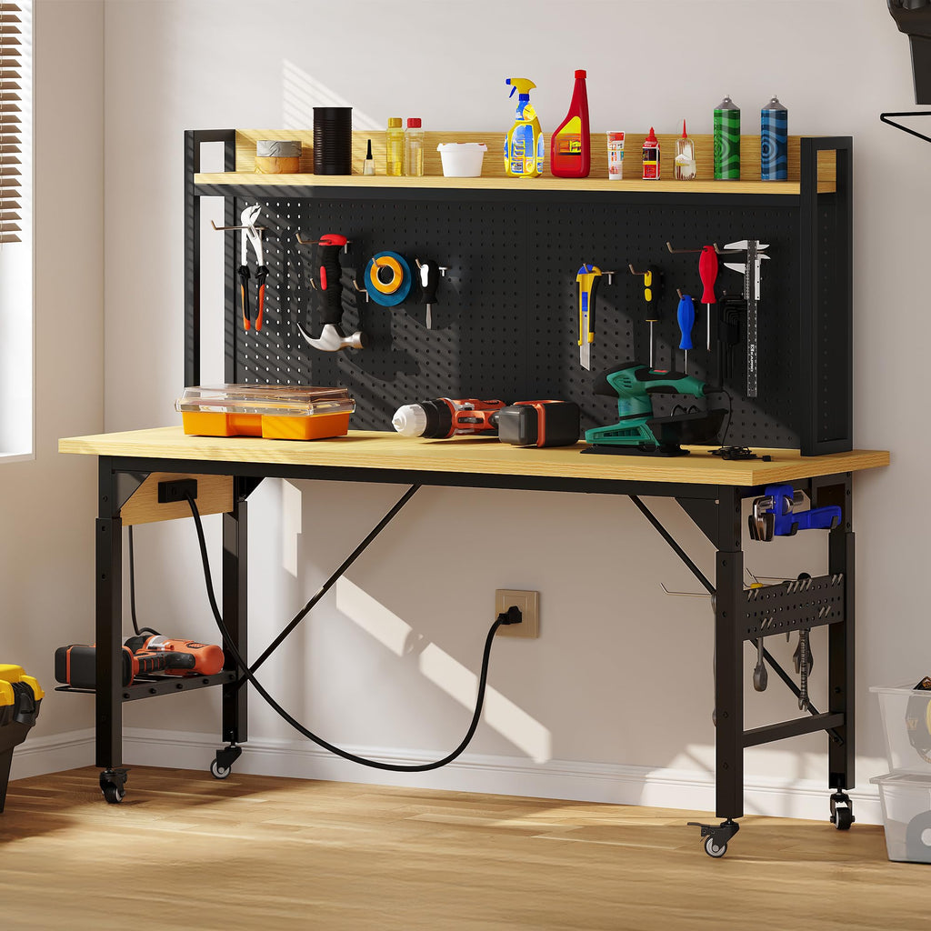 60in Adjustable Workbench with Pegboard & Wheels 1600lb Load