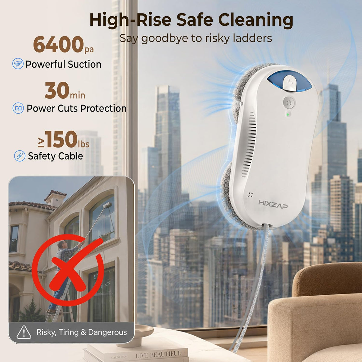 X6 Window Cleaning Robot for High Windows, Inside/Outside, 6400Pa Suction