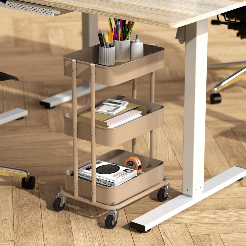 3-Tier Utility Cart, Low 24" Height Fits Under Desk, Khaki