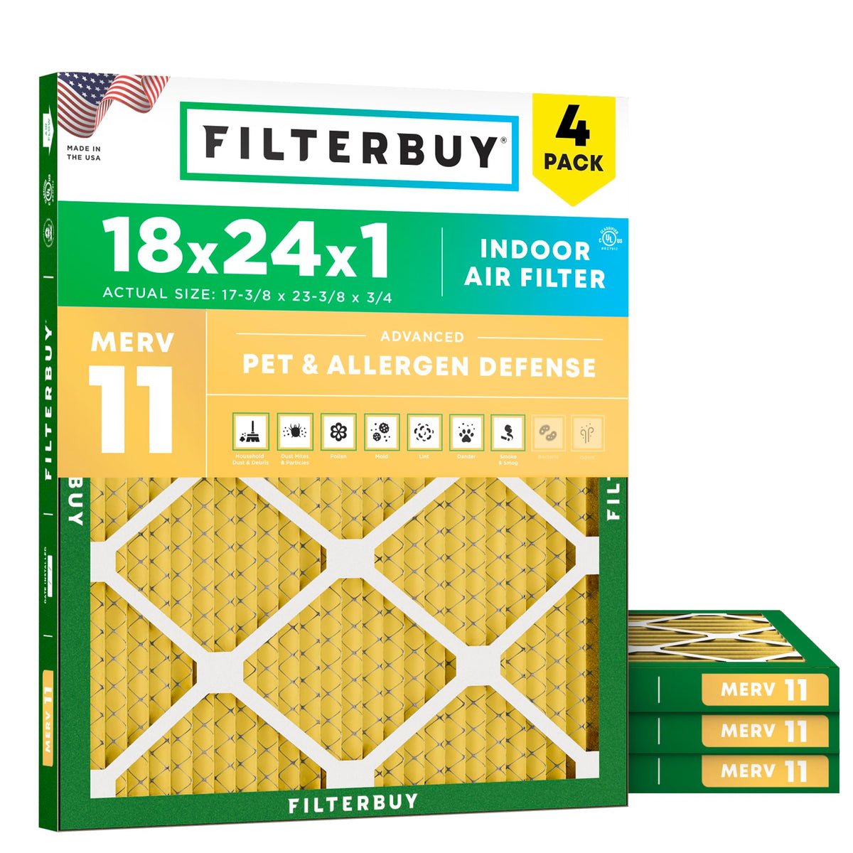 18x24x1 Air Filter MERV 11 Pet & Allergy Defense (4-Pack)