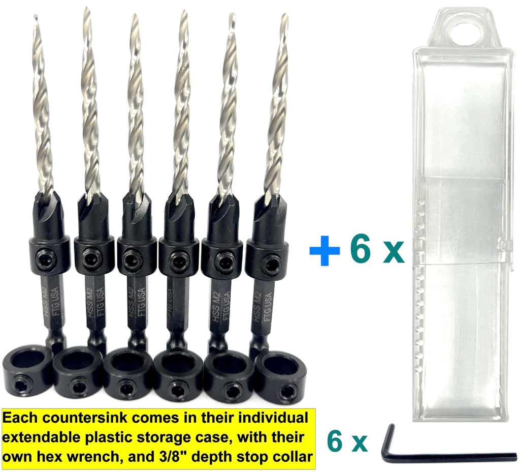 FTG USA 6 Pc #10 (3/16") Countersink Drill Bit Set with Tapered Drill Bits