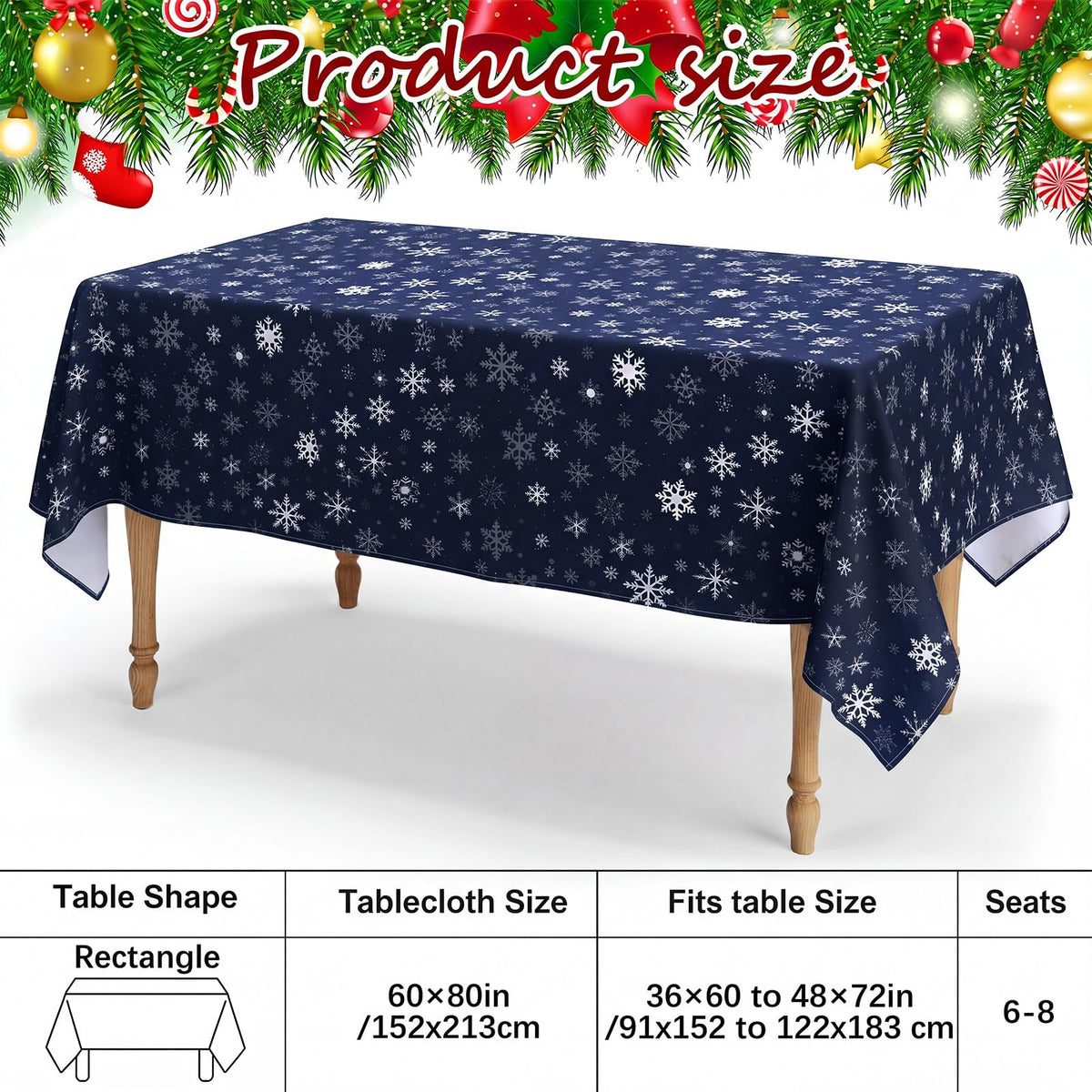Christmas Tablecloth 60 x 84 Inch, Navy Blue Snowflake Rectangle