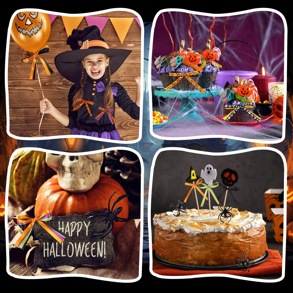 6 Rolls 150 Yards Halloween Ribbon Thin for Wreaths Bat Spider Web Pumpkin Print Grosgrain Ghost Witch Hat Ribbon