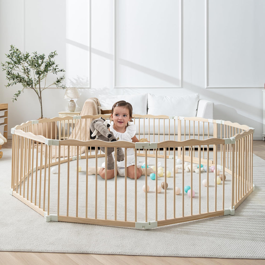 86" x58" Modular Foldable Baby Playpen & Safety Activity Yard with Locking Walk-Through Gate for Infants & Toddlers — Natural Wood