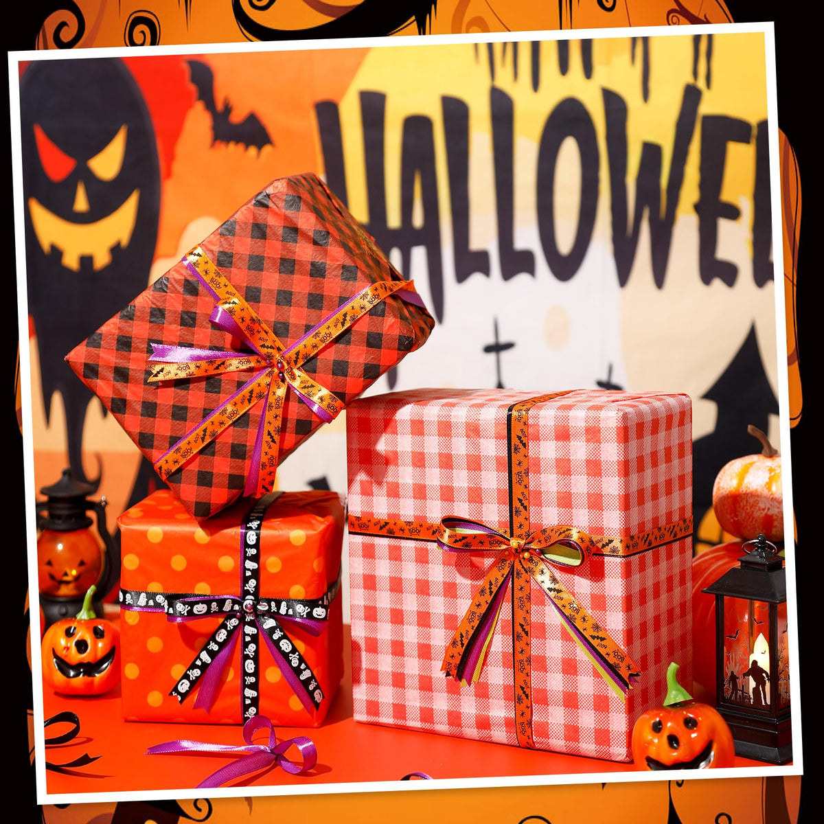 6 Rolls 150 Yards Halloween Ribbon Thin for Wreaths Bat Spider Web Pumpkin Print Grosgrain Ghost Witch Hat Ribbon