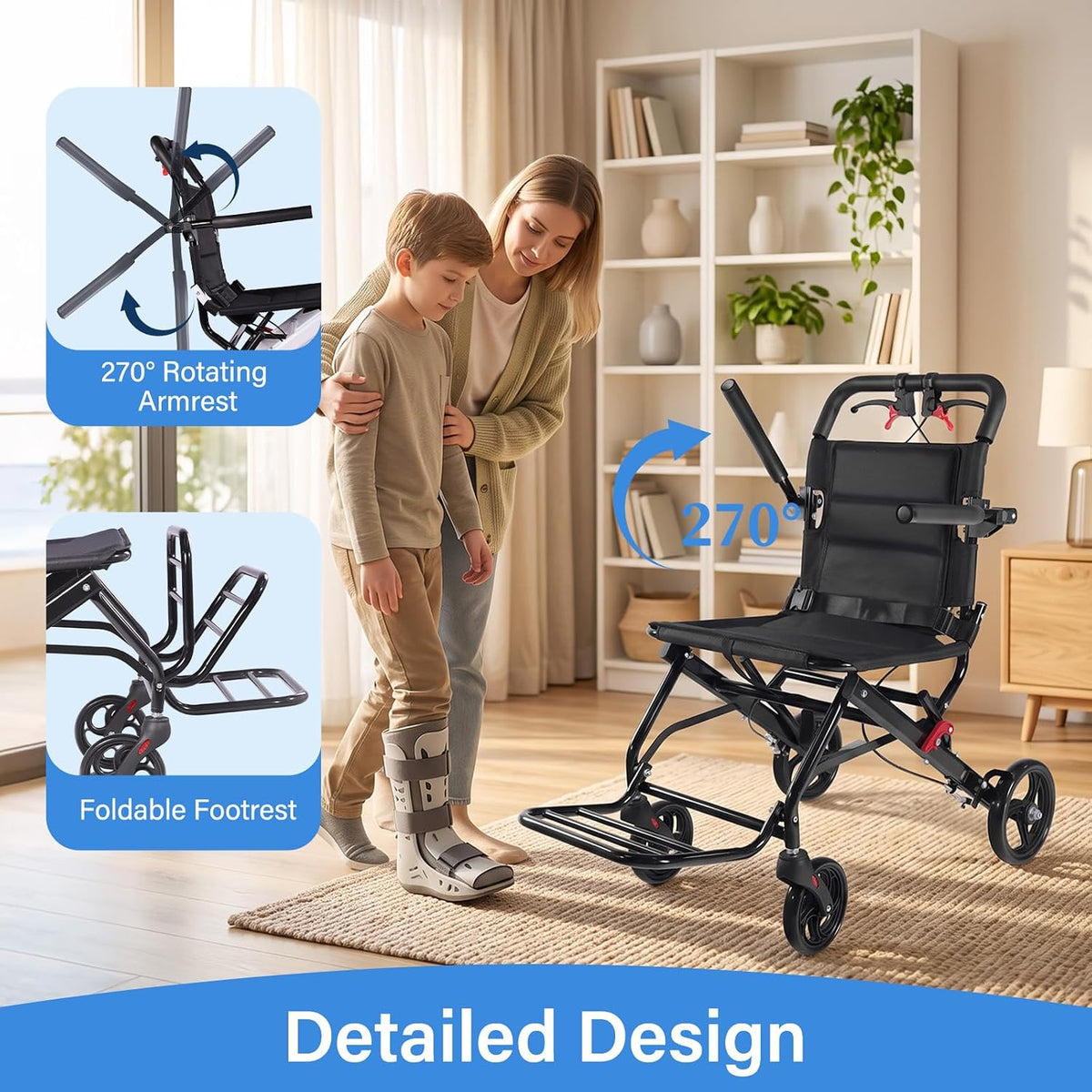 Lightweight Wheelchair for Kids & Teens, 17.7" Wide Seat Foldable Transport Chair for Petite Adults Under 150 lbs