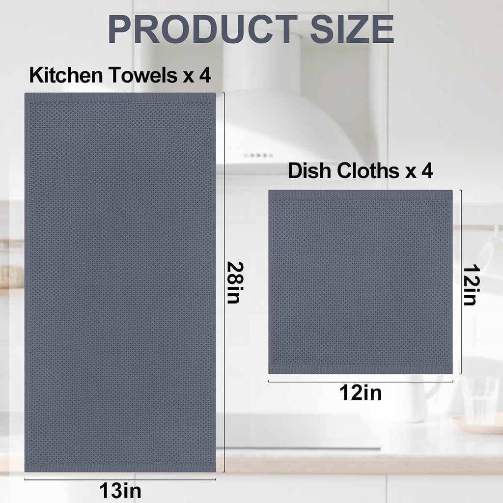 8 Pack 100% Cotton Kitchen Towels and Dishcloths Set, Dark Grey | 12 x 12 Inches and 13 x 28 Inches Kitchen Towels