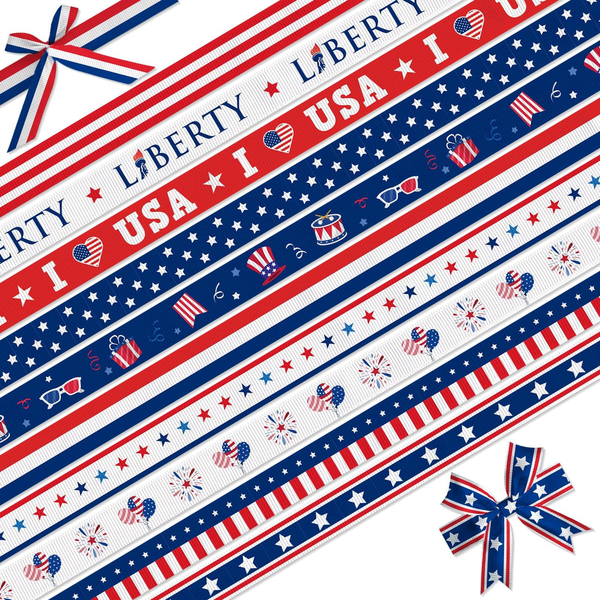 Patriotic Ribbon 10 Pack 3/8" Grosgrain 4th of July Red White Blue Star USA American Flag Ribbons for Craft