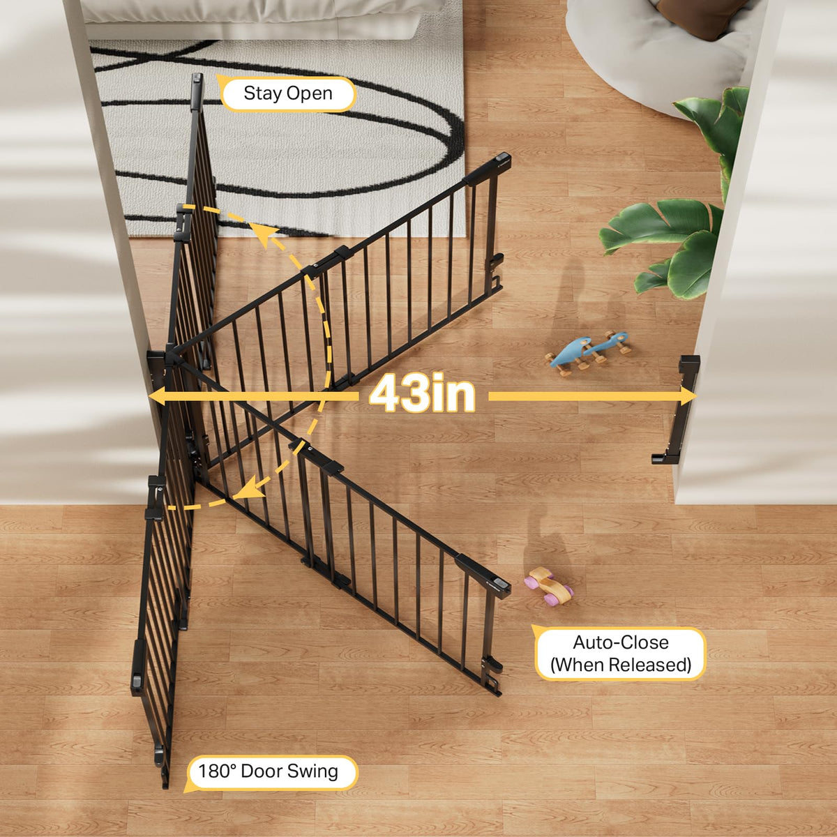 34" x 29.2-43" Extra-Tall Adjustable Hardware/Pressure-Mounted Pet & Child Safety Gate with Dual-Lock Walk-Through Swing Door for Stairs, Hallways & Wide Doorways — Black