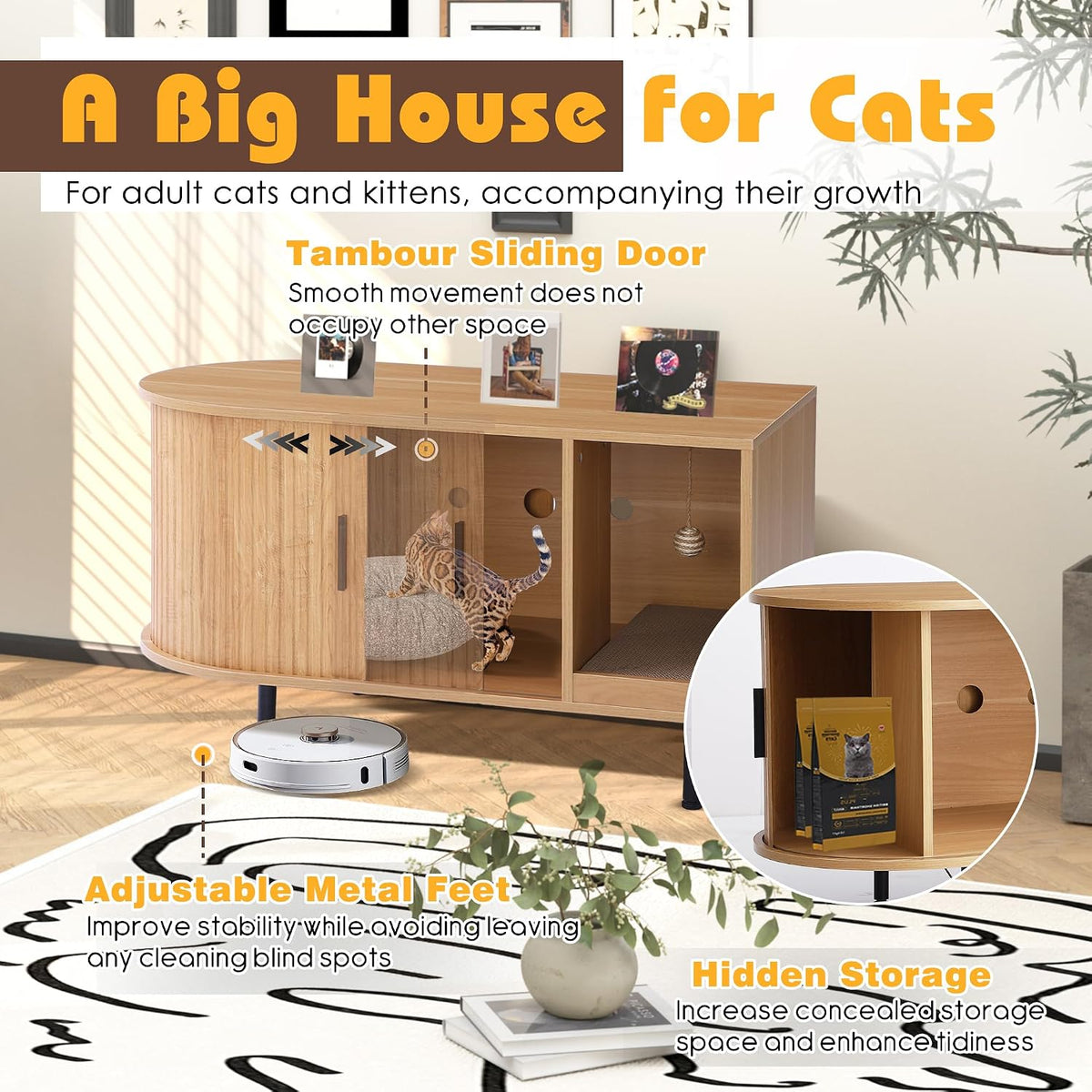 Fluted Cat Litter Box Enclosure with Sliding Door, Scratching Pad