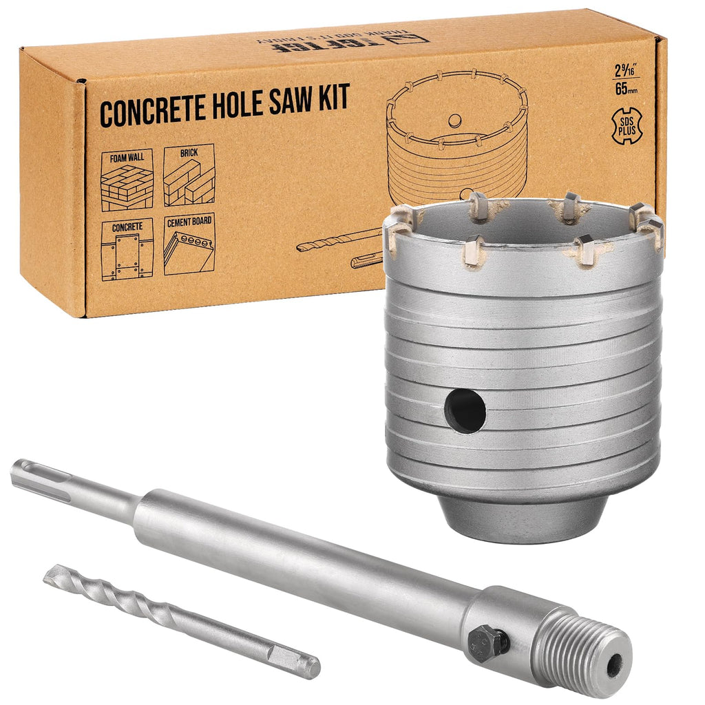 TGFTGF 2-9/16" Concrete Hole Saw Kit, Tungsten Carbide Masonry Hole Saw Kit with 9-27/32" SDS Plus Bit Shank Drill Bit Sets for Concrete, Brick, Stone, Cement, Tile, Wall Drilling