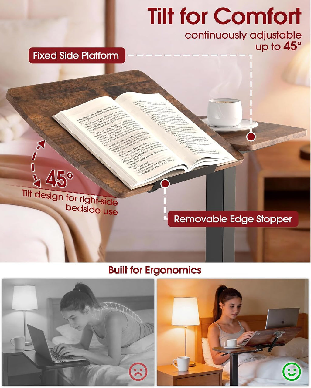Overbed Bedside Table with Wheels, Right-Side Tilt Top, 29.1"–39" H