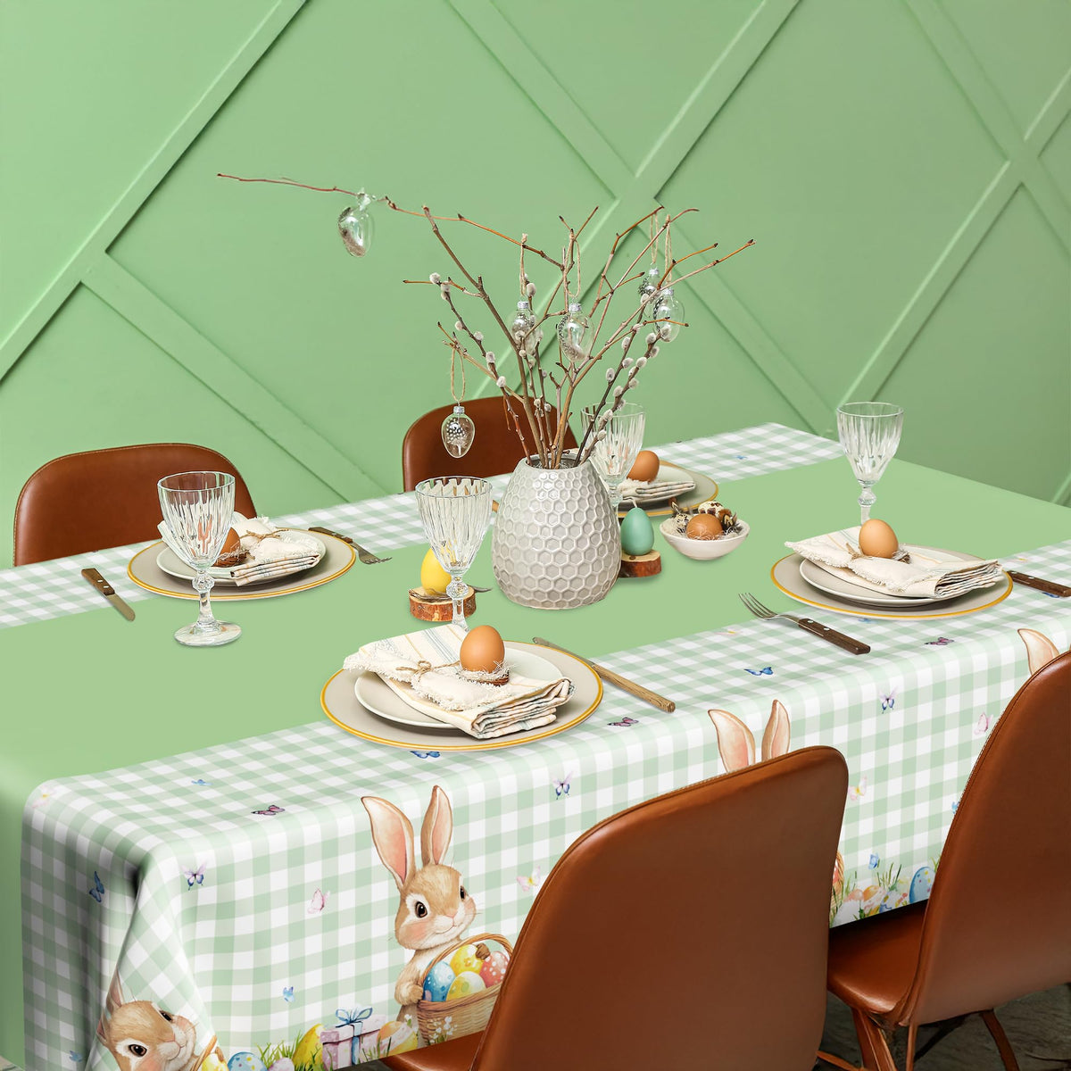 3 Pack Easter Tablecloths, 54" x 108" Disposable Easter Decorations, Sage Green Bunny Plaid Spring Tablecloth