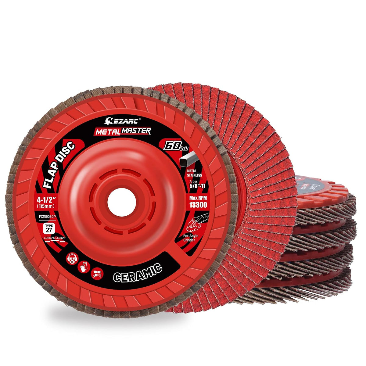 EZARC Ceramic Flap Discs 60 Grit, 4-1/2 x 7/8-Inch, Type 27, 5-Pack