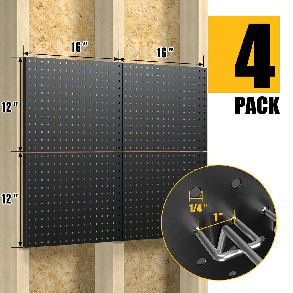 Peg Board, 4 Pack Metal Black Pegboard Panels with 50 Hooks