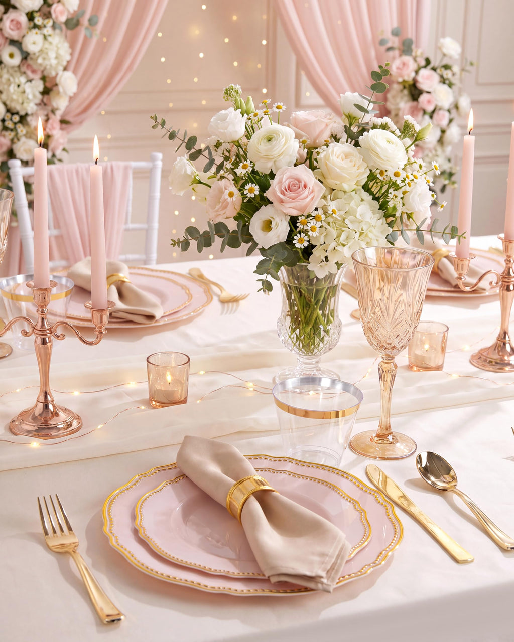 175 Pcs Pink and Gold Plastic Plates Wedding & Party