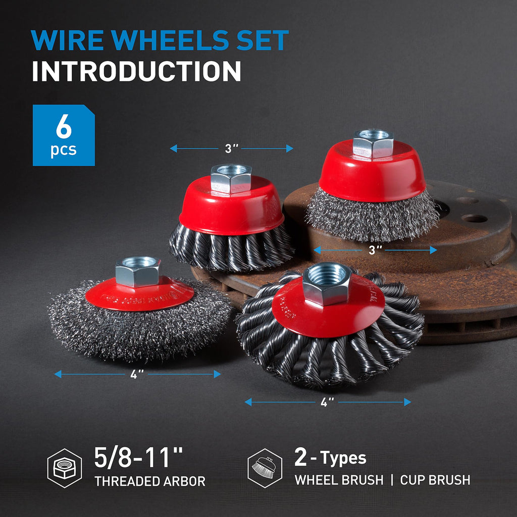 S SATC 6 PCS Grinder Wire Wheel Brush with 5/8"-11 Threaded Arbor, Knotted Coarse Crimped Wire Brush for Grinder, Carbon Steel Wire Wheel for Rust Removal, Paint Stripping