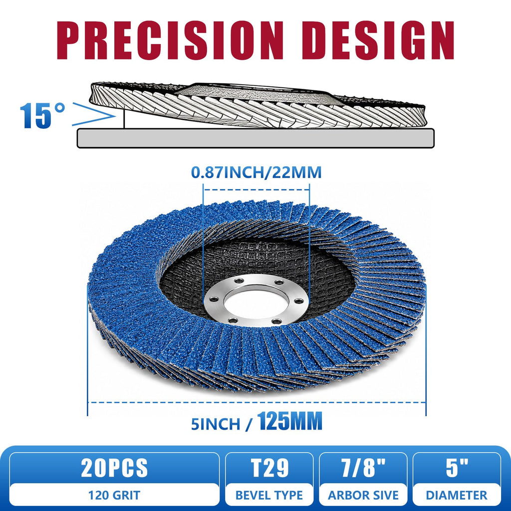 MOGRQAP 20 Pack Flap Discs 5" x 7/8" for Angle Grinders Type 29, Grit 120